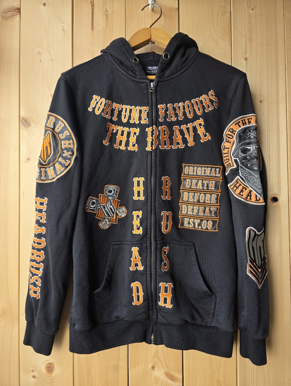 Headrush Fortune Favors The Brave Zip Up Skull Biker Hoodie Black Orange Small